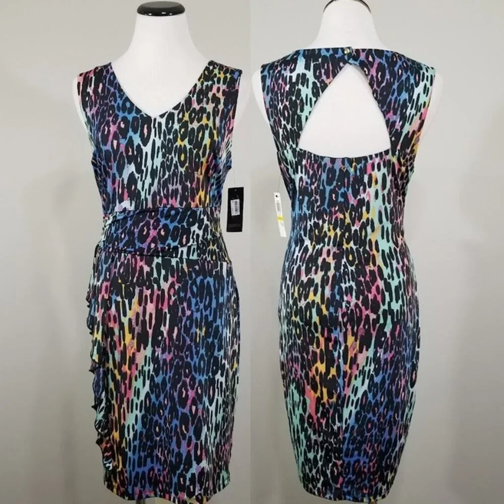 NEW Thalia Sodi Sleeveless Sheath Dress M Colorful Abstract Animal Print Ruched